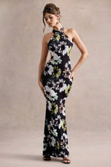 Tuscany | Black Floral Print Halter-Neck Split Maxi Dress