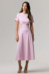 So Sweet | Pink Crew-Neck Midi Dress With Cut-Out Embroidered Detailing