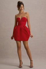 Zuki | Red Satin Sweetheart Mini Dress With Tulip Skirt