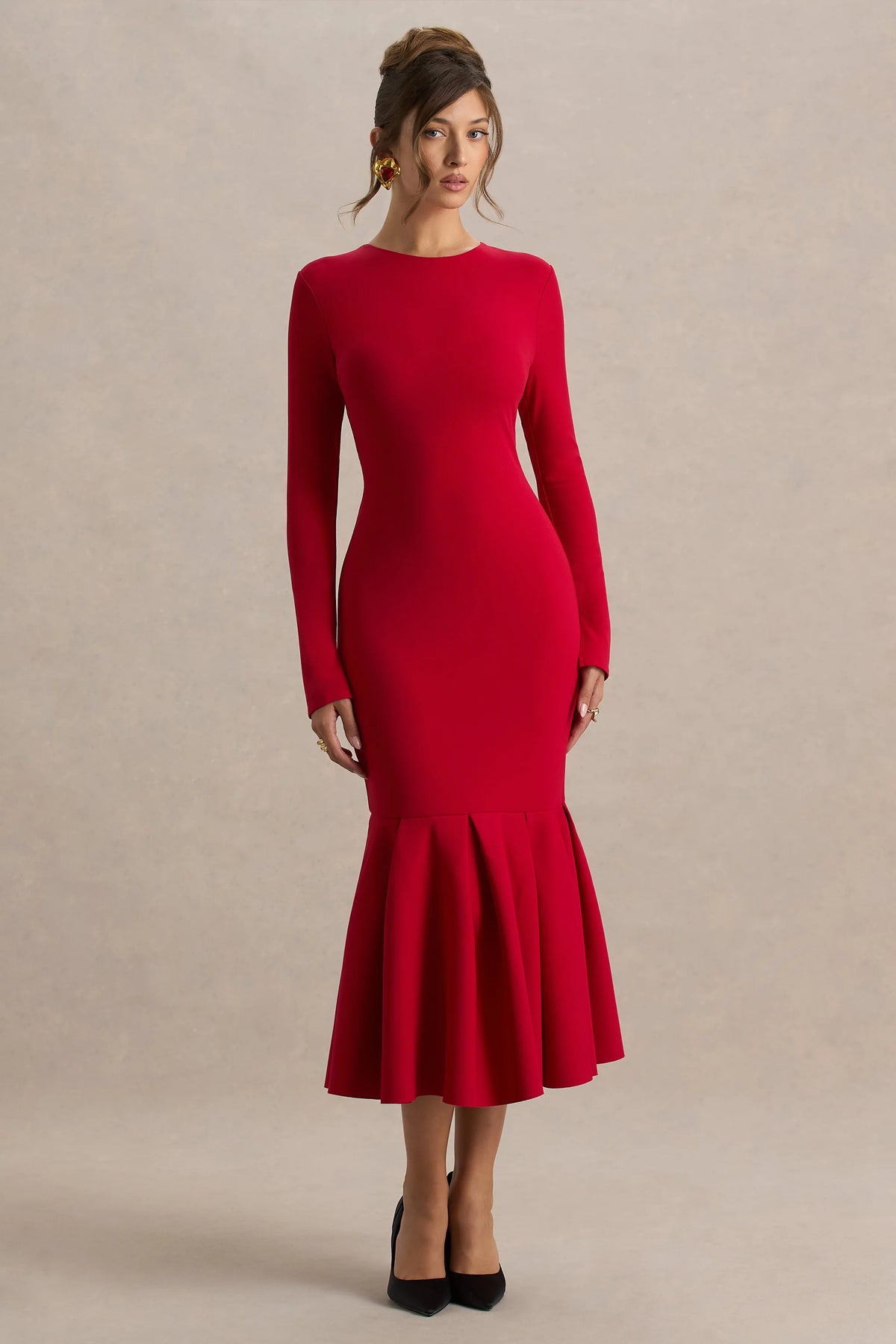 Liberty | Red High Neck Mermaid Midi Dress With Ruffling Detail