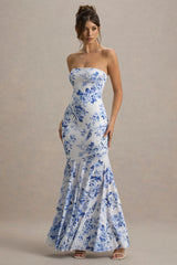 Callie | Blue Porcelain Print Bandeau Fishtail Maxi Dress