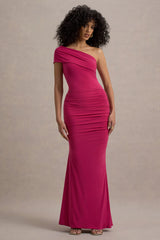 Alethea | Hot Pink Asymmetric Bardot Maxi Dress