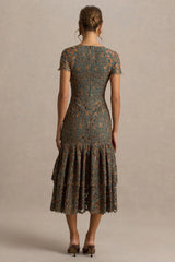 Sabrina | Dark Green And Rust Embroidered Plunge-Neck Midi Dress