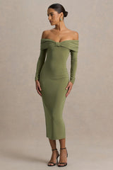 Spark | Olive Bardot-Neck Maxi Dress With Bow Detail