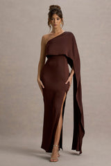 Amora | Brown Satin Asymmetric Cape-Sleeve Split Maxi Dress