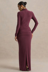 Myra | Burgundy High-Neck Maxi Dress With Sash and Ruched Detailing