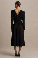 Alexis | Black Plunge-Neck Midi Dress With Draped And Ruched Detailing