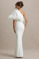Valor | White Asymmetric Maxi Dress With Feather Trim