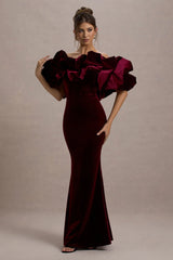 Cecily | Port Velvet Bardot Maxi Dress With Velvet Ruffle Trim