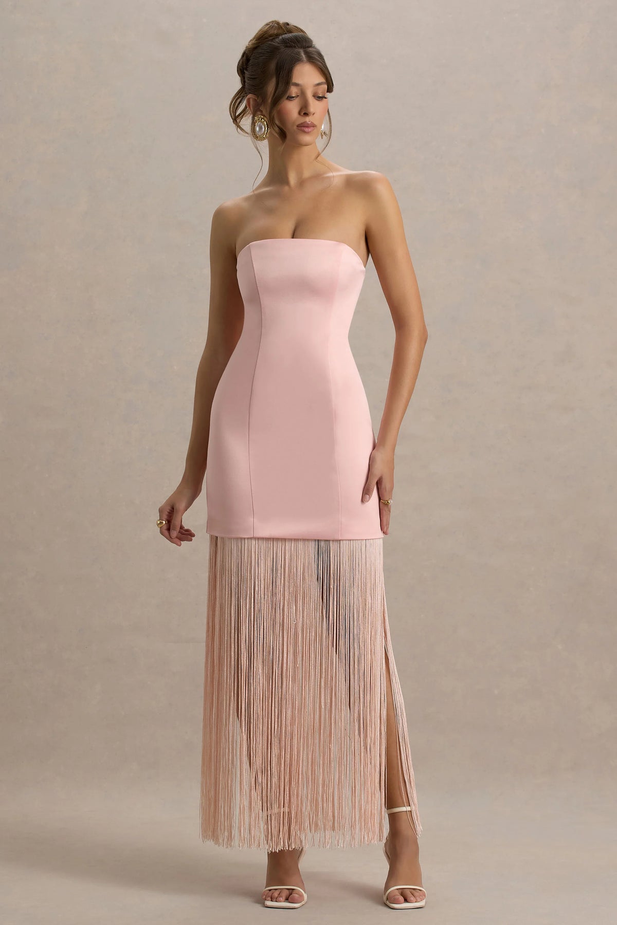 Trinity | Blush Pink Satin Bandeau Maxi Dress With Fringe