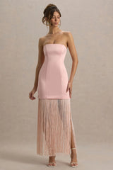 Trinity | Blush Pink Satin Bandeau Maxi Dress With Fringe