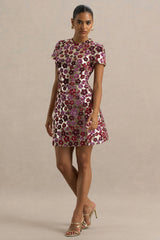 Eira | Pink Floral Embellished Sequin Crew-Neck Mini Dress