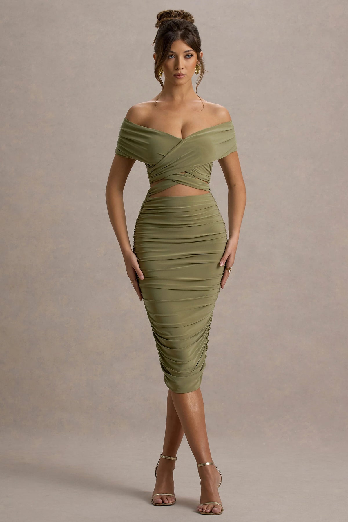 Clovette | Olive Ruched Bardot Cut-Out Midi Dress