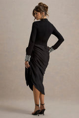 Luanna | Black Satin Long-Sleeve Midi Dress With Draped Skirt And Embellised Cuffs