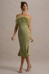 One And Only | Light Green Satin Feather Trim Bandeau Midi Dress