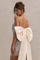 Sugar | Off-White Feathered Sequin Mini Dress With Satin Bow