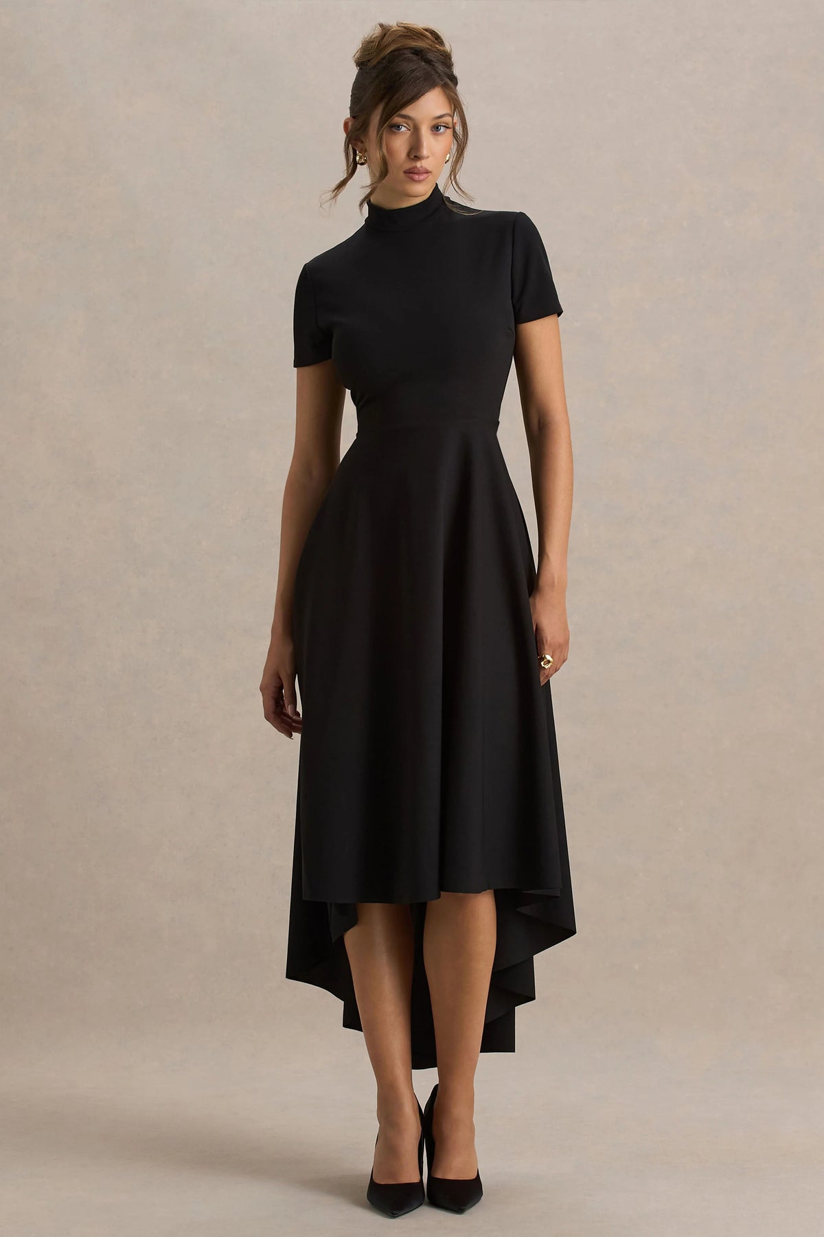 Bellona | Black High-Neck High-Low Midi Dress