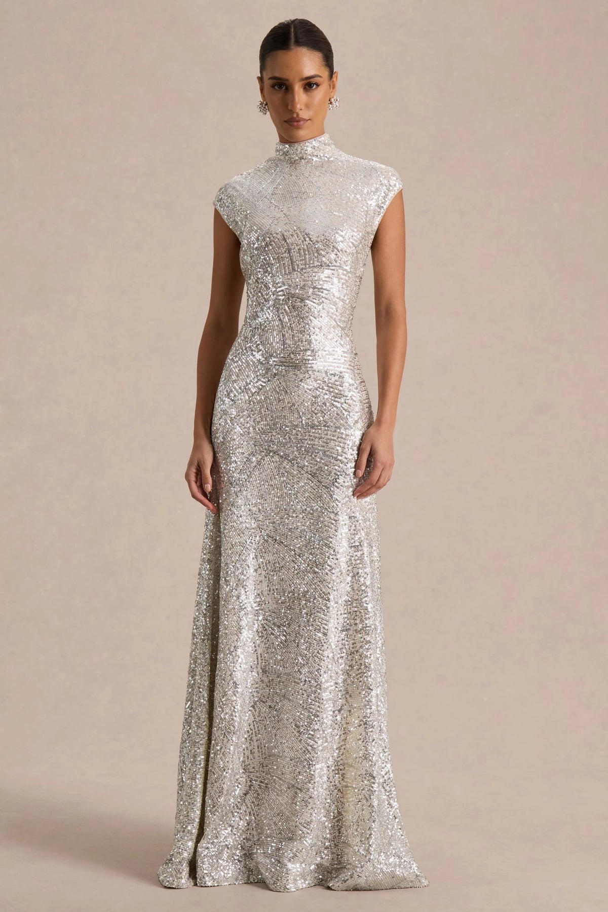 Cecy | Silver Sequin High-Neck Maxi Dress With Cap Sleeves