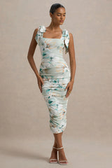 Cordelia | Green Floral Print Bodycon Midi Dress With Bow Straps