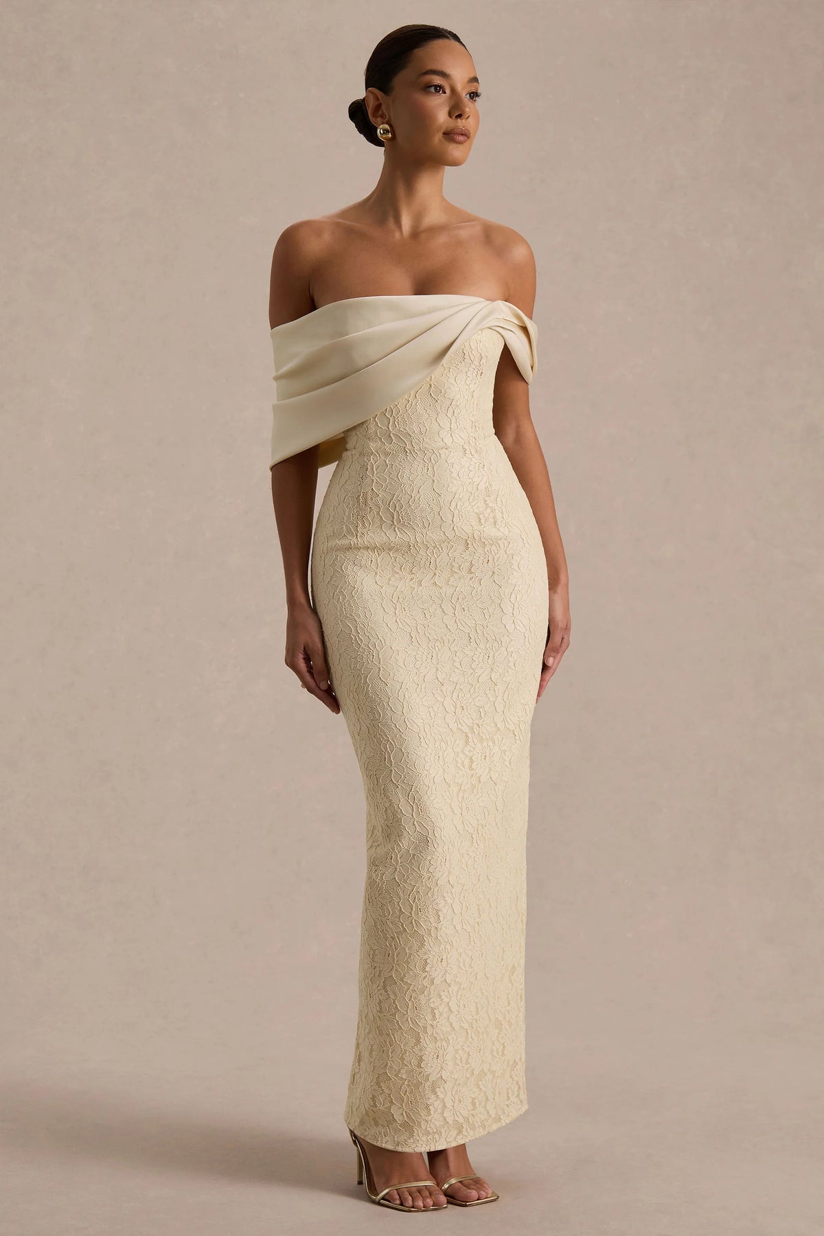 Solora | Cream Lace Twisted Bardot-Neck Maxi Dress