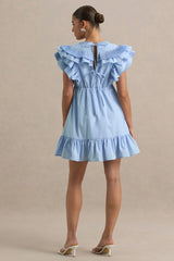 Judie | Blue Poplin V-Neck Ruffled Mini Dress