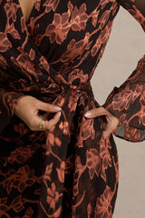 Lindsey | Black And Rust Plunge-Neck Wrap Mini Dress With Bell Sleeves And Sash Detail