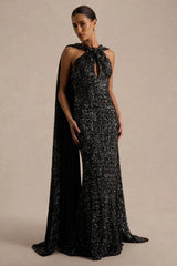 Renelle | Black Sequin Halter Neck Maxi Dress