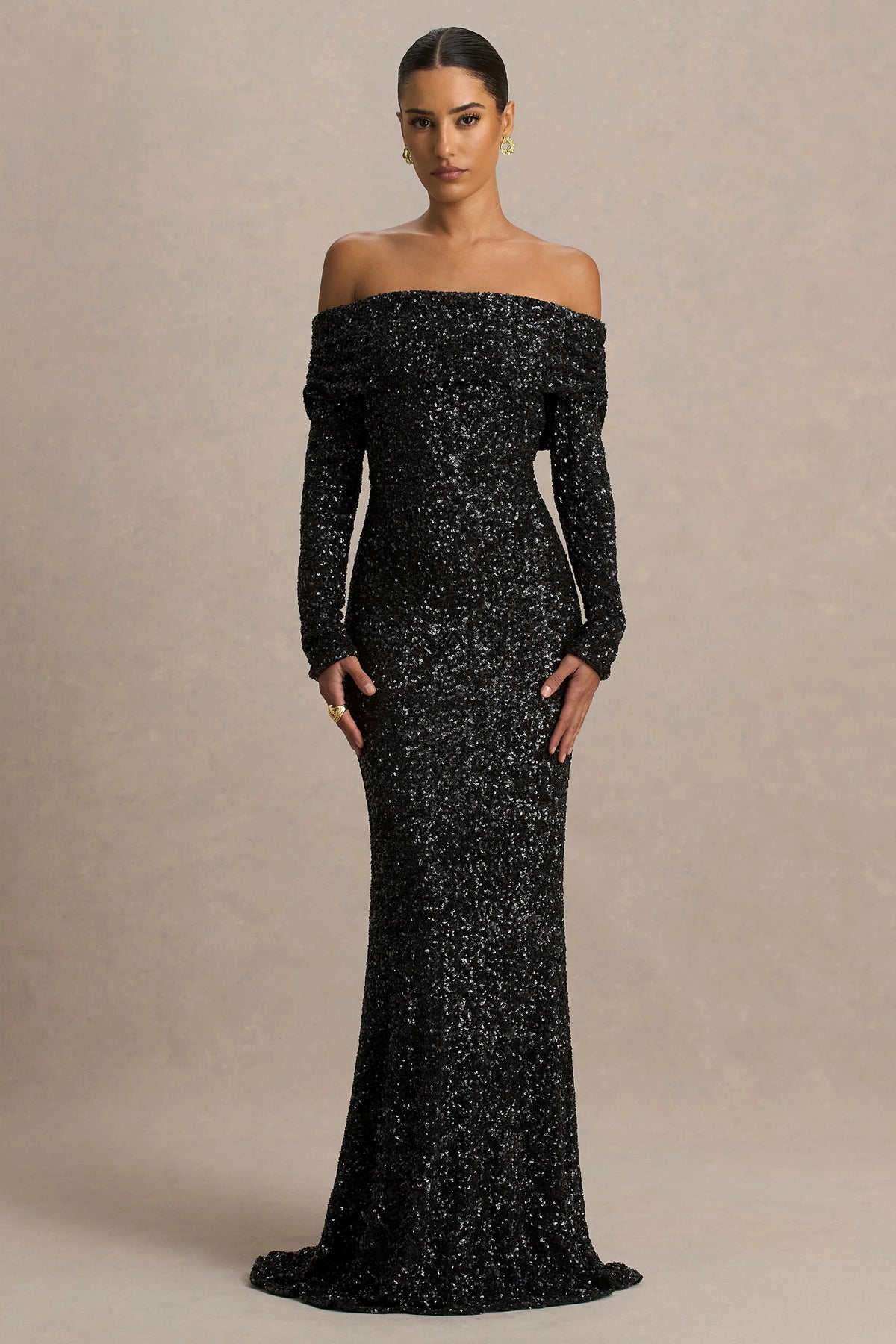 Obsession | Black Sequin Bardot-Neck Maxi Dress With Long Sleeves