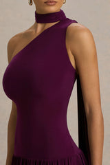 Freesia | Plum Asymmetric-Neck Maxi Dress With Scarf-Detail