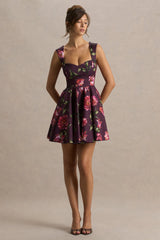 Magic | Burgundy Floral Print Sweetheart-Neck Mini Dress.