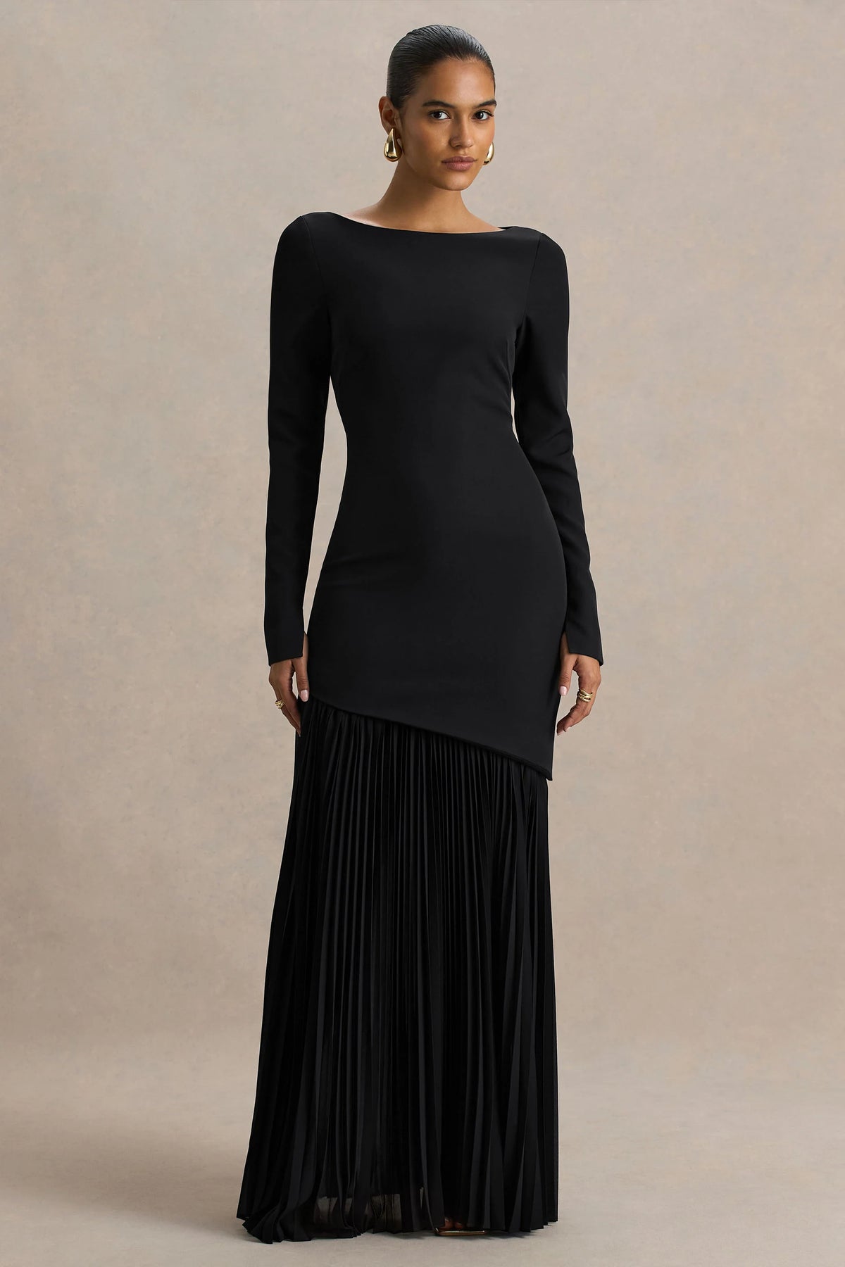 Yanira | Black Crepe And Georgette Boat-Neck Maxi Dress With Drop Waist