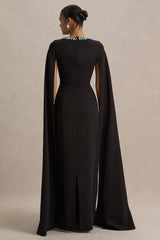 Glossy | Black Woven Square-Neck Maxi Dress With Cape Sleeves and Hand-Embellished Detail