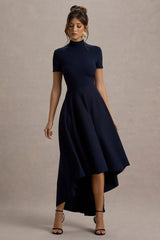 Bellona | Navy High-Neck High-Low Midi Dress