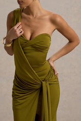 Erminia | Olive Green One-Shoulder Twist Wrap Maxi Dress