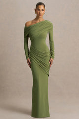 Perrie | Olive Asymmetric-Neck Maxi Dress With Ruched Detailing