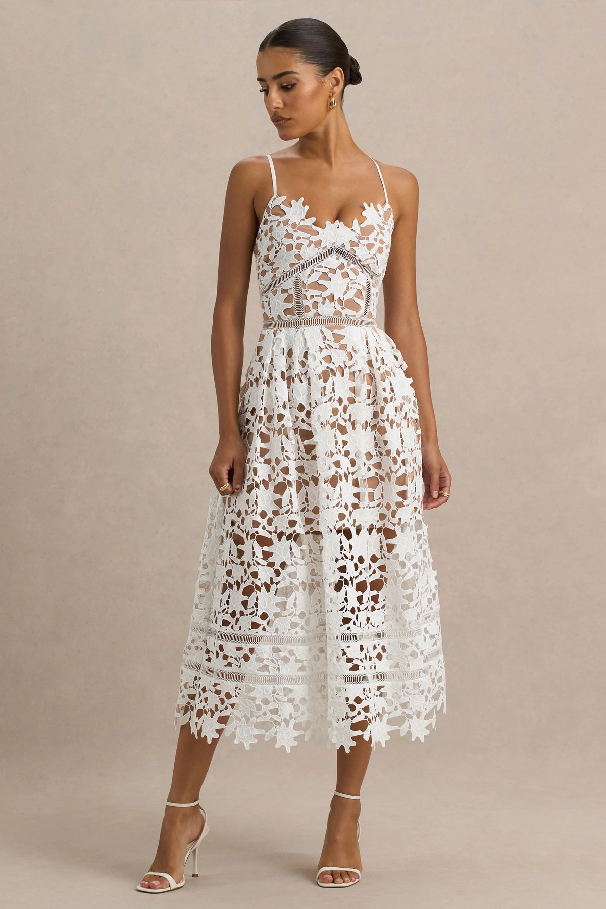 Zuri | White Lace Sweetheart Midi Dress With Cami Straps