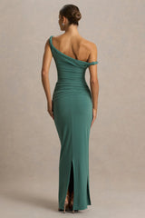 Tulisa | Green Asymmetric-Neck Maxi Dress With Twist Sleeves And Ruched Detailing