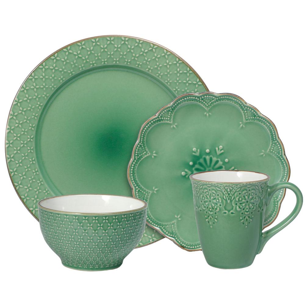 French Lace Green 16 Piece Dinnerware Set Service for 4