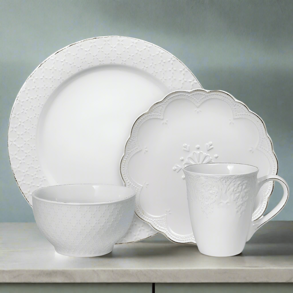 French Lace White 16 Piece Dinnerware Set Service for 4
