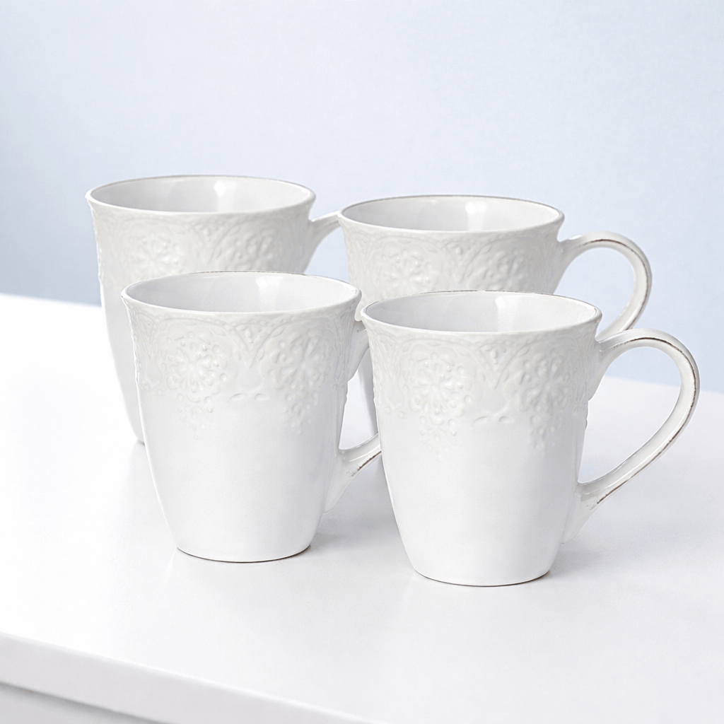 French Lace Set of 4 White Mugs