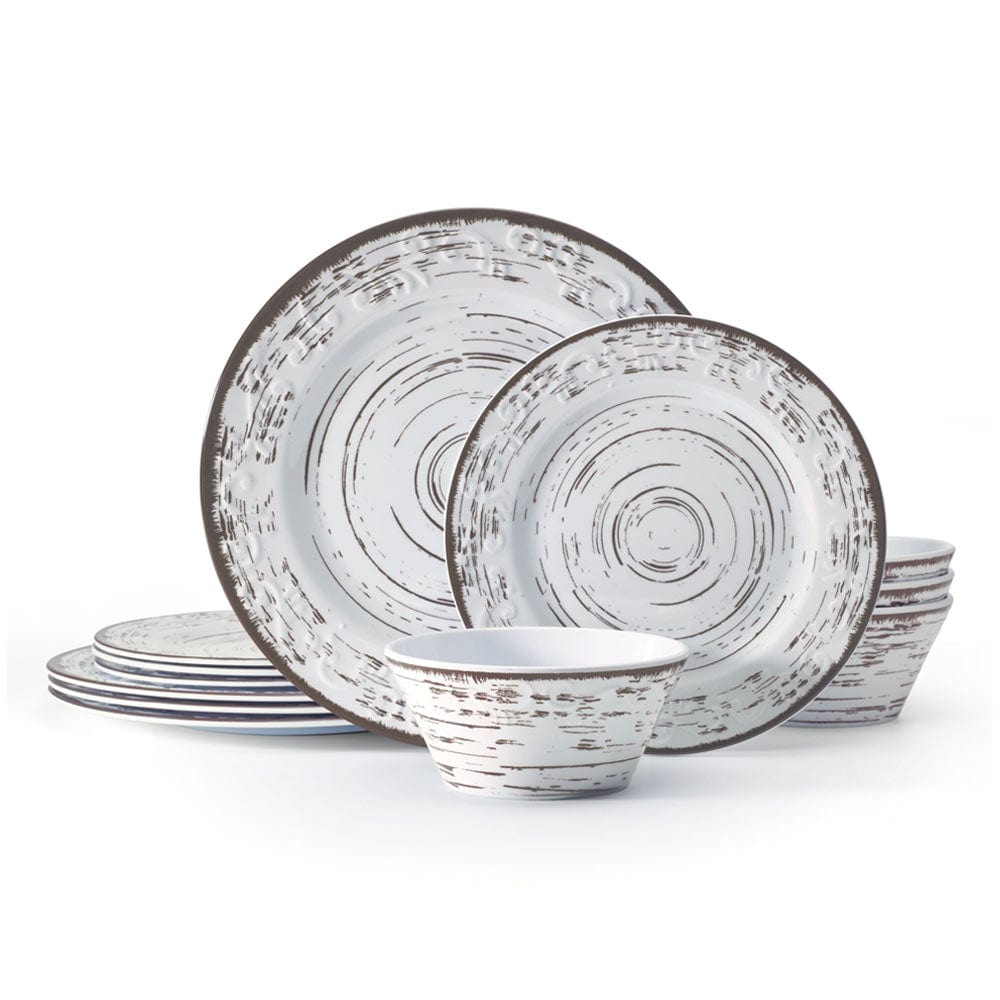 Trellis White 12 Piece Outdoor Melamine Dinnerware Set, Service for 4